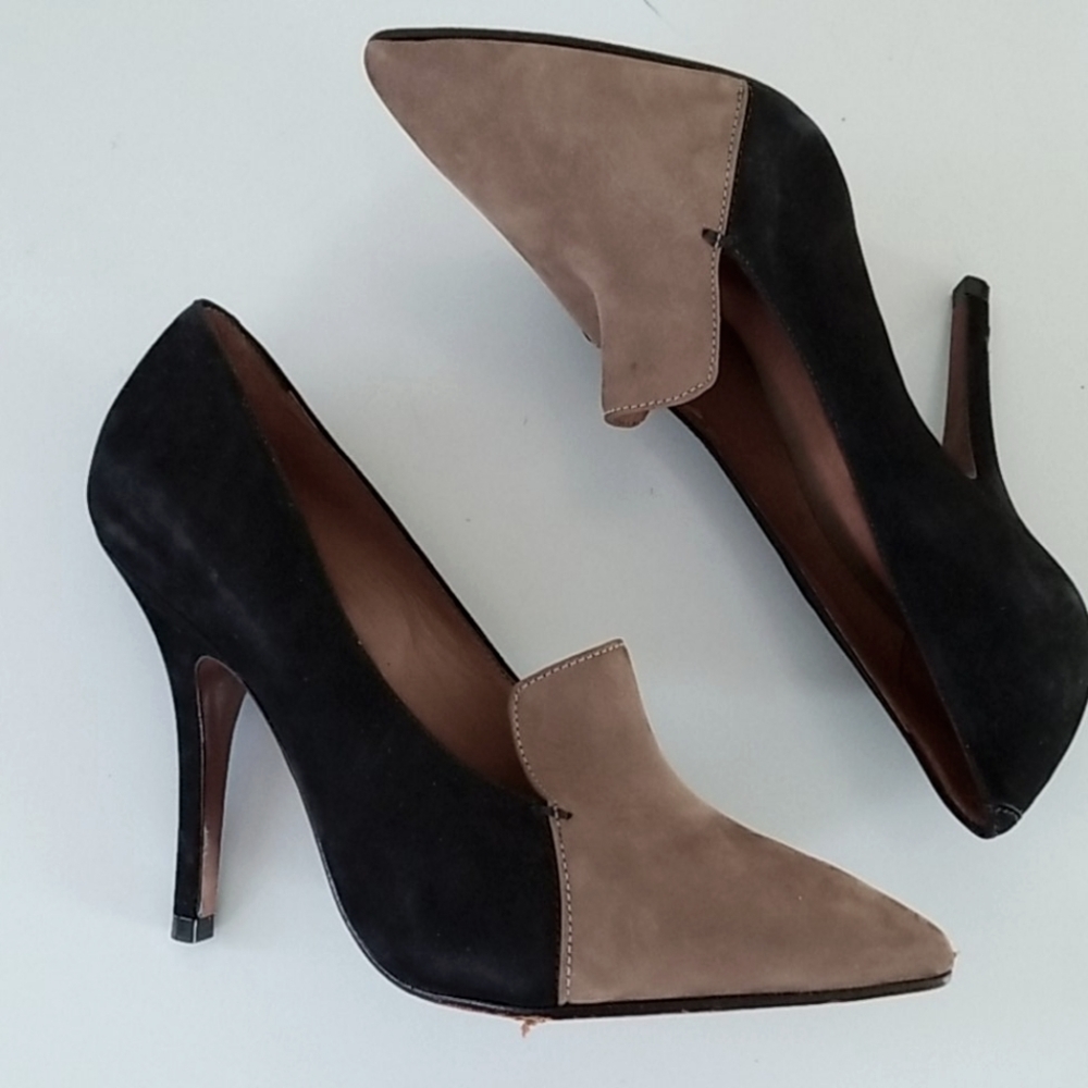 Schutz Black & Tan Pointy Toe Loafer Suede Pumps - Picture 2 of 14